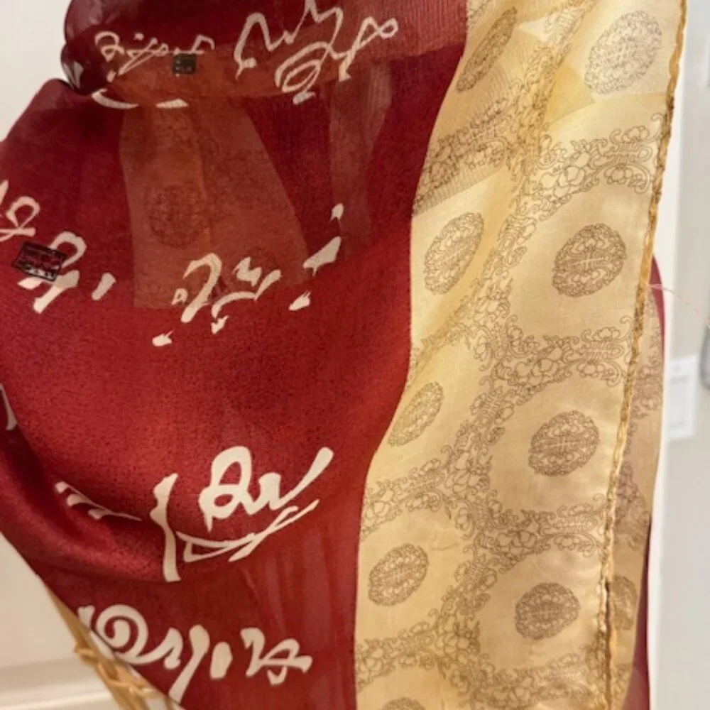 Vintage 100% silk rust and gold oblong scarf.